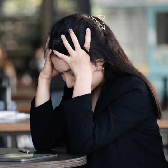 Female at table with head in hands